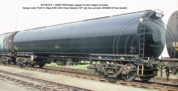 BPO83374 = SMBP7959 Bogie Lagged Oil tank wagon AB Design code TE021C @ Hoo Junction 80-08-24 � Paul Bartlett w