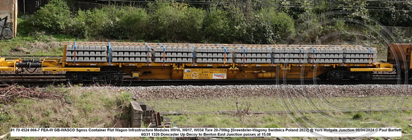 81 70 4524 066-7 FEA-W GB-WASCO Sgnss Container Flat Modules W016, W017, W034 Tare 20-700kg [Greenbrier-Wagony Swidnica Poland 2022] @ York Holgate Junction 2024-04-08 © Paul Bartlett w