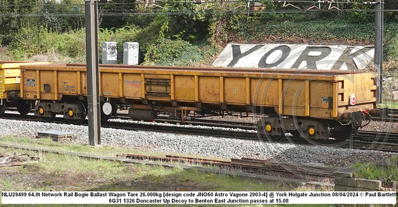 NLU29499 64.0t Network Rail Bogie Ballast Wagon Tare 26.000kg [design code JNO60 Astro Vagone 2003-4] @ York Holgate Junction 2024-04-08 © Paul Bartlett [2w]