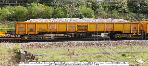 NLU29199 64.0t Network Rail Bogie Ballast Wagon Tare 26.000kg [design code JNO60 Astro Vagone 2003-4] @ York Holgate Junction 2024-04-08 © Paul Bartlett w