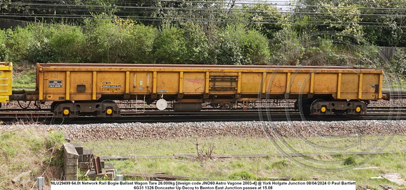 NLU29499 64.0t Network Rail Bogie Ballast Wagon Tare 26.000kg [design code JNO60 Astro Vagone 2003-4] @ York Holgate Junction 2024-04-08 © Paul Bartlett [1w]