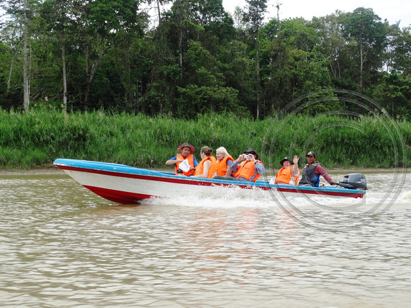 Exodus tour party speeding boat Kinabatangan River, Sabah, Malaysia.
