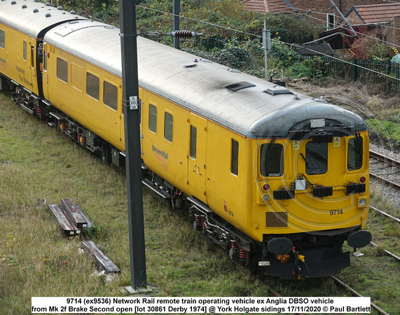 9714 (ex9536) NR Remote train operating vehicle Mk 2f Brake Second open [lot 30861 Derby 1974] @ York Holgate sidings 2020-11-17 © Paul Bartlett [03w]