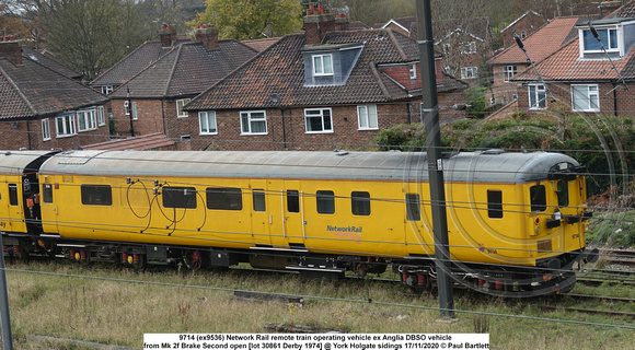 9714 (ex9536) NR Remote train operating vehicle Mk 2f Brake Second open [lot 30861 Derby 1974] @ York Holgate sidings 2020-11-17 © Paul Bartlett [04w]
