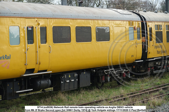 9714 (ex9536) NR Remote train operating vehicle Mk 2f Brake Second open [lot 30861 Derby 1974] @ York Holgate sidings 2020-11-17 © Paul Bartlett [07w]