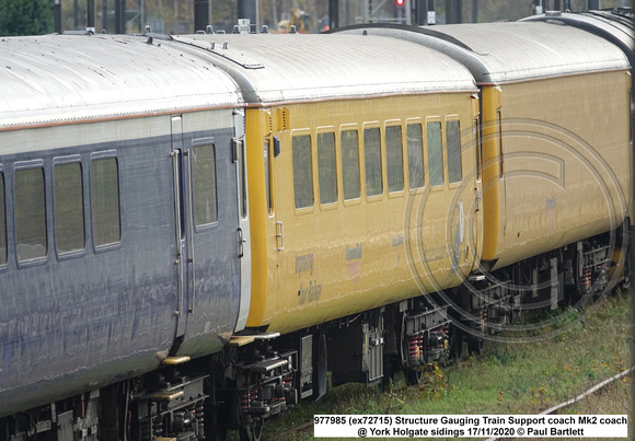 977985 (ex72715) Structure Gauging Train Support coach Mk2 coach @ York Holgate sidings 2020-11-17 © Paul Bartlett [3w]