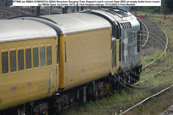 977986 (ex 99664 (3189 6231)) Structure Gauging Train Support coach [ex Mk2d Open 1st Derby 1971] @ York Holgate sidings 2020-11-17 © Paul Bartlett [1w]