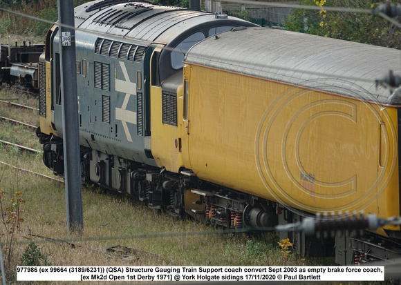 977986 (ex 99664 (3189 6231)) Structure Gauging Train Support coach [ex Mk2d Open 1st Derby 1971] @ York Holgate sidings 2020-11-17 © Paul Bartlett [4w]