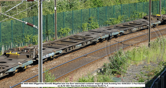 33 68 4909 456-8 Sffggmrrss IKA AAE Megafret twin low floor intermodal container wagon @ York Avoiding line 2021-06-16 © Paul Bartlett [1w]