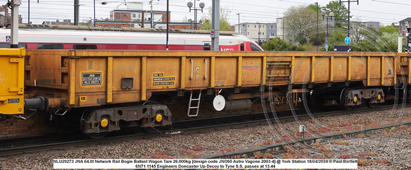 NLU29273 JNA 64.0t Network Rail Bogie Ballast Wagon Tare 26.000kg [design code JNO60 Astro Vagone 2003-4] @ York Station 2024-04-18 © Paul Bartlett w