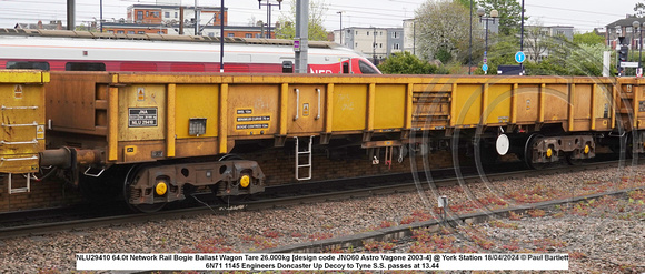 NLU29410 64.0t Network Rail Bogie Ballast Wagon Tare 26.000kg [design code JNO60 Astro Vagone 2003-4] @ York Station 2024-04-18 © Paul Bartlett w