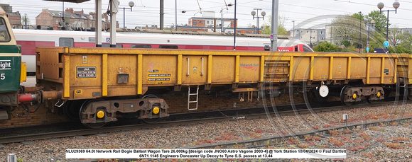 NLU29369 64.0t Network Rail Bogie Ballast Wagon Tare 26.000kg [design code JNO60 Astro Vagone 2003-4] @ York Station 2024-04-18 © Paul Bartlett w