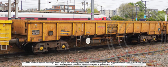 NLU29540 JNA 64.0t Network Rail Bogie Ballast Wagon Tare 26.000kg [design code JNO60 Astro Vagone 2003-4] @ York Station 2024-04-18 © Paul Bartlett w