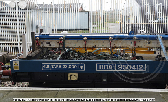 950412 BDA 42t Balfour Beatty rail lift beam Tare 23,000kg Lot 3925 Shildon 1979 @ York Station 2020-12-26 © Paul Bartlett (6w)