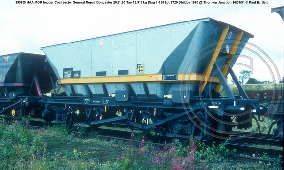 355855 HAA MGR hopper Coal sector General Repair Doncaster 20.11.90 Tae 13.510 kg Diag 1-156 Lot 3720 Shildon 1970 @ Thornton Junction 91-08-16 © Paul Bartlett w