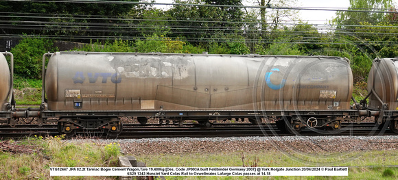 VTG12447 JPA 82.2t Tarmac Bogie Cement Wagon,Tare 19.400kg [Des. Code JP003A built Feldbinder Germany 2007] @ York Holgate Junction 2024-04-20 © Paul Bartlett w