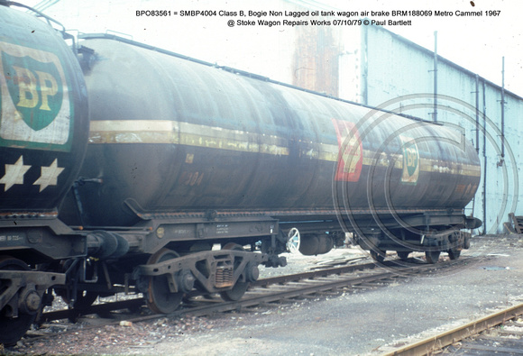 BPO83561 = SMBP4004 Class B, Bogie Non Lagged oil tank wagon AB Design code TE016A @ Stoke Wagon Repairs 79-10-07 � Paul Bartlett w