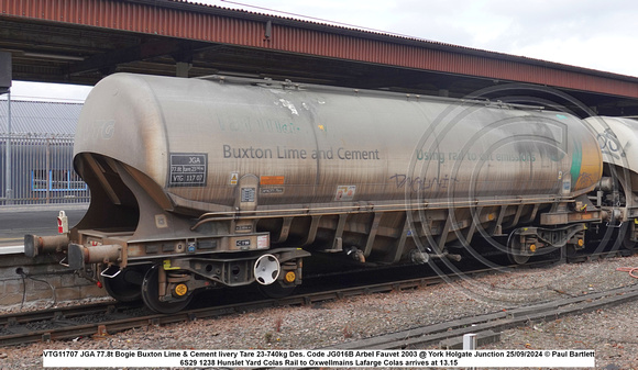 VTG11707 JGA 77.8t Bogie Buxton Lime & Cement livery Tare 23-740kg Des. Code JG016B Arbel Fauvet 2003 @ York Holgate Junction 2024-09-25 © Paul Bartlett [1w]