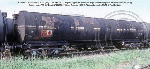 BPO83593 = SMBP7514 TTA (sic) CRODA Bogie Lagged Bitumen tank wagon Design code TE018F @ Thameshaven 87-05-30 � Paul Bartlett w