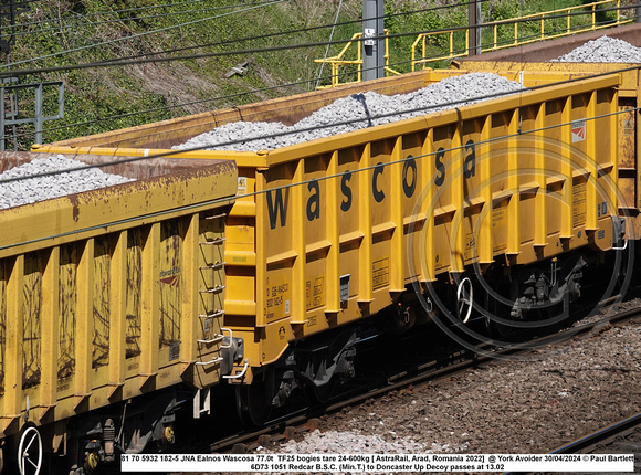 81 70 5932 182-5 JNA Ealnos Wascosa 77.0t  TF25 bogies tare 24-600kg [ AstraRail, Arad, Romania 2022] @ York Avoider 2024-04-30 © Paul Bartlett w