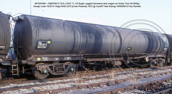 BPO83390 = SMBP8015 TEA Bogie Lagged Oil tank wagon AB Design code TE021C @ Cardiff Tidal Sidings 90-09-30 � Paul Bartlett w