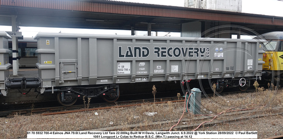 81 70 5932 700-4 Ealnos JNA 79.6t Land Recovery Ltd Tare 22.000kg Built W H Davis, Langwith Junct. 6.9.2022 @ York Station 2022-09-28 © Paul Bartlett [2w]