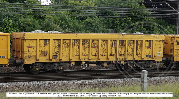 31 70 5992 023-9 IOA (E) Ealnos 77.3t  Network Rail Open Box Wagon TF25 bogies tare 24-300kg [Des code IOE942 Greenbrier 29.01.2009] @ York Holgate Junction 2024-06-11 © Paul Bartlett w