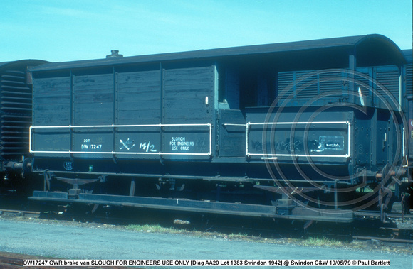 DW17247 GWR brake van SLOUGH FOR ENGINEERS USE ONLY [Diag AA20 Lot 1383 Swindon 1942] @ Swindon C&W 79-05-19 © Paul Bartlett w