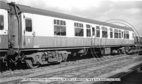 M7159 [ex M16159] Corridor Composite Diag 126 AA301 Lot 30665 Derby 1961] @ York 85-08-20 © Paul Bartlett w