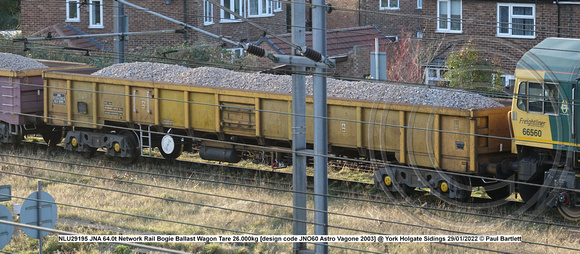 NLU29195 64.0t Network Rail Bogie Ballast Wagon Tare 26.000kg [design code JNO60 Astro Vagone 2003] @ York Holgate Sidings 2022-01-29 © Paul Bartlett [1w]