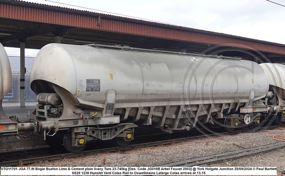 VTG11701 JGA 77.8t Bogie Buxton Lime & Cement plain livery Tare 23-740kg [Des. Code JG016B Arbel Fauvet 2003] @ York Holgate Junction 2024-09-25 © Paul Bartlett [1w]