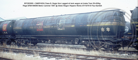BPO83569 = SMBP4024 Class B Bogie Non Lagged oil tank wagon AB @ Stoke Wagon Repairs 79-10-07 � Paul Bartlett w