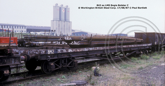 842 ex LMS Bogie Bolster C @ Workington BSC 87-08-17 © Paul Bartlett w
