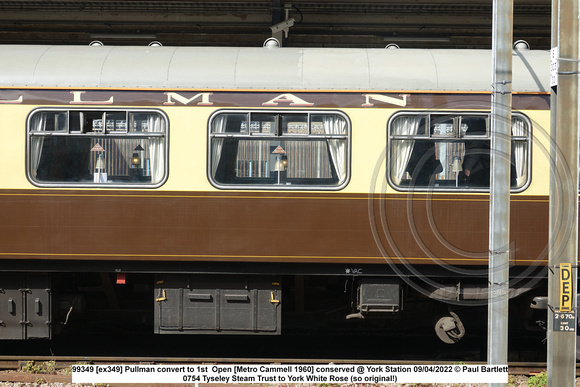 99349 [ex349] Pullman convert to 1st  Open [Metro Cammell 1960] conserved @ York Station 2022-04-09 © Paul Bartlett [4w]