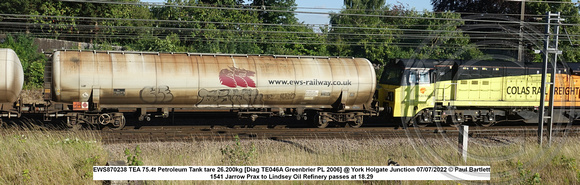 EWS870238 TEA 75.4t Petroleum Tank tare 26.200kg [Diag TE046A Greenbrier PL 2006] @ York Holgate Junction 2022-07-07 © Paul Bartlett [1w]