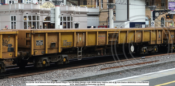 NLU29199 64.0t Network Rail Bogie Ballast Wagon Tare 26.000kg [design code JNO60 Astro Vagone 2003-4] @ York Station 2022-05-08 © Paul Bartlett [1w]