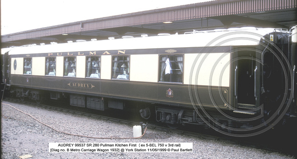 AUDREY 99537 SR 280 Pullman Kitchen First (ex 5-BEL 750 v 3rd rail) @ York Station 1999-06-11 � Paul Bartlett w