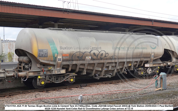 VTG11703 JGA 77.8t Tarmac Bogie Buxton Lime & Cement Tare 23-740kg [Des. Code JG016B Arbel Fauvet 2003] @ York Station 2024-09-25 © Paul Bartlett [1w]