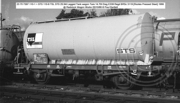 23 70 7397 110-1 = STS 110-8 TSL Lagged Tank Wagon @ Radstock Wagon Works 86-10-20 � Paul Bartlett w