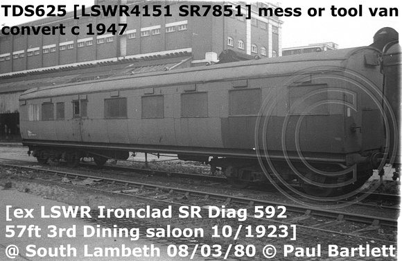 TDS625 ex SR7851 LSWR ex dining saloon mess or tool van at South Lambeth 80-03-08