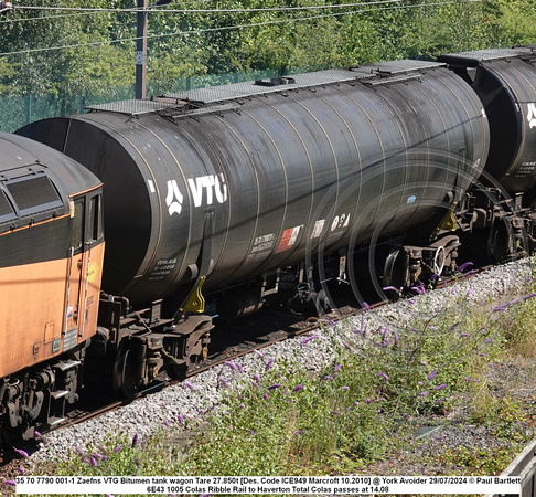 35 70 7790 001-1 Zaefns VTG Bitumen tank wagon Tare 27.850t [Des. Code ICE949 Marcroft 10.2010] @ York Avoider 2024-07-29 © Paul Bartlett w