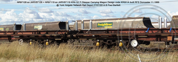 NR97128 ex JARV97128   NR97119 ex JARV97119 KRA Sleeper Carrying Wagons @ York Holgate Network Rail Depot 2014-07-27 � Paul Bartlett w