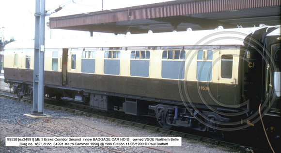 99538 [ex34991] Mk 1 Brake Corridor Second (now BAGGAGE CAR NO 9) @ York Station 1999-06-11 � Paul Bartlett [3w]