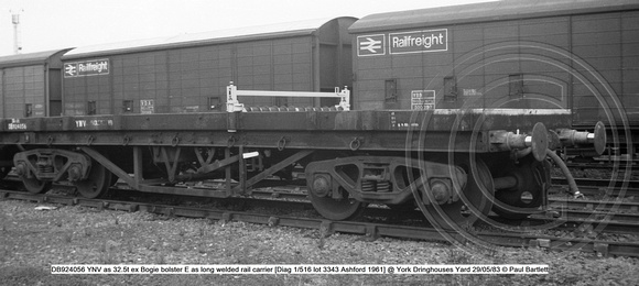 DB924056 YNV ex Bogie bolster E as long welded rail carrier Diag 1-516 @ York Dringhouses Yard 83-05-29 © Paul Bartlett [1w]