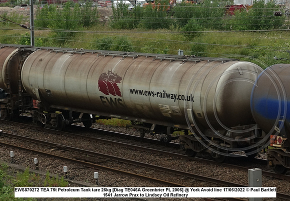 EWS870272 TEA 75t Petroleum Tank tare 26kg [Diag TE046A Greenbrier PL 2006] @ York Avoid line 2022 06-17 © Paul Bartlett w