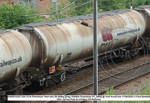 EWS870322 TEA 75.4t Petroleum Tank tare 26-200kg [Diag TE046A Greenbrier PL 2006] @ York Avoid line 2022 06-17 © Paul Bartlett w