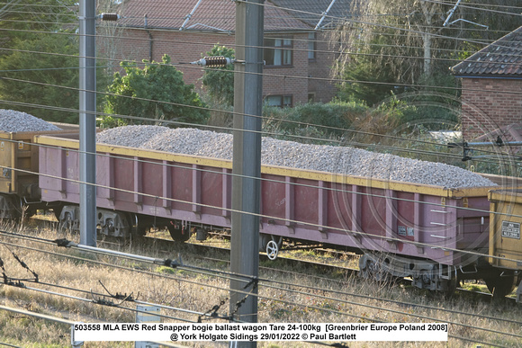 503558 MLA EWS Red Snapper bogie ballast wagon Tare 24-100kg  [Greenbrier Europe Poland 2008]  @ York Holgate Sidings 2022-01-29 © Paul Bartlett [1w]