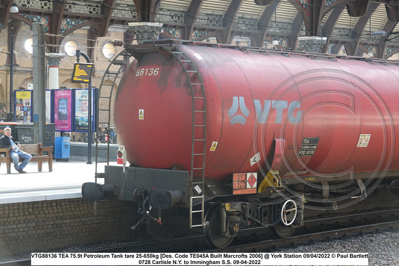 VTG88136 TEA 75.9t Petroleum Tank tare 25-650kg [Des. Code TE045A Built Marcrofts 2006] @ York Station 2022-04-09 © Paul Bartlett [2w]