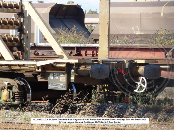 NLU93702 JZA 60' Container Flat Wagon - LWRT Roller Bank Module @ York Holgate Network Rail Depot 2014-07-27 � Paul Bartlett [6w]