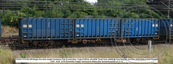 610016 FCA 68t 60ft Bogie low deck height Container Flat (2-unit) [Des. Code FC001A Job 6008 Thrall York c2000] @ York Holgate Junction 2022-07-15 © Paul Bartlett W